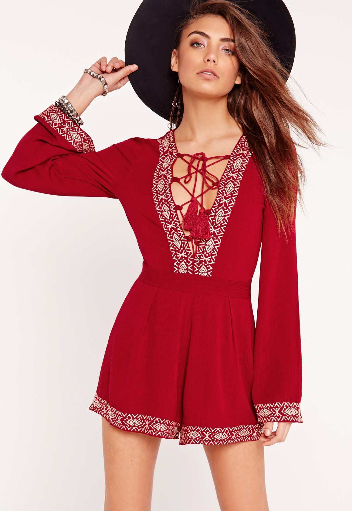 Missguided cheesecloth lace up embroidered playsuit red