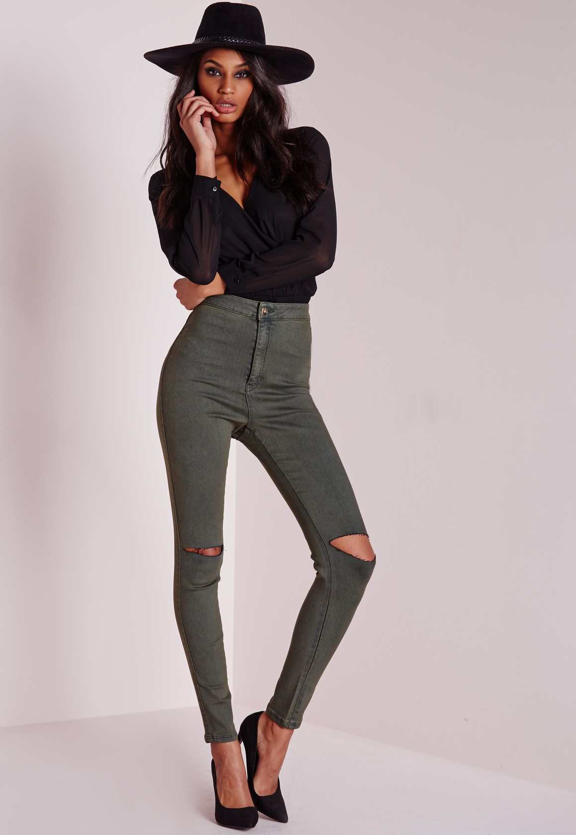 Missguided vice super stretch high waisted ripped knee skinny jeans khaki