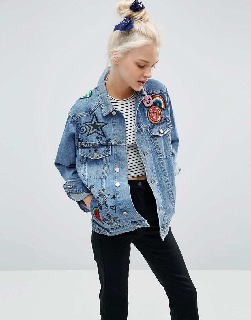 ASOS Denim Girlfriend Jacket In Illustrated Mid Wash With Badges