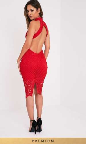 Pretty Little Thing HANNY RED PREMIUM CROCHET LACE BACKLESS MIDI DRESS