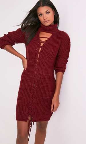 Pretty Little Thing JOSALINDA RED KNITTED FRONT TIE DETAIL ROLL NECK DRESS