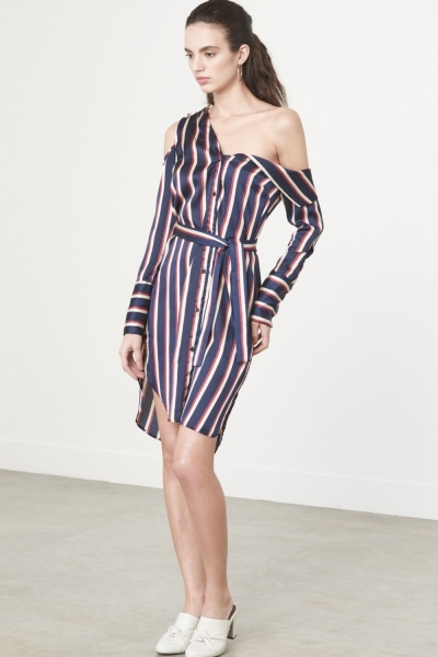 Lavish Alice Asymmetric Shirt Dress In Varsity Stripe Satin