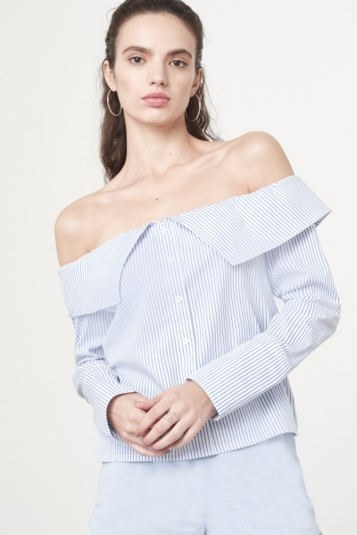 Lavish Alice Bandeau Shirt In White Blue Pinstripe Cotton