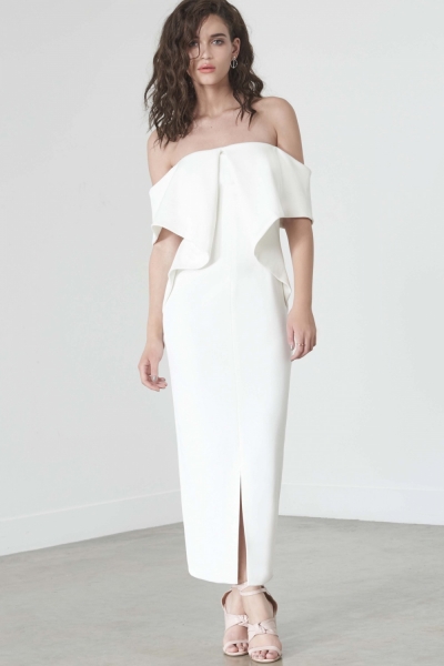 Lavish Alice Off White Ribbed Fold Bandeau Midi Dress