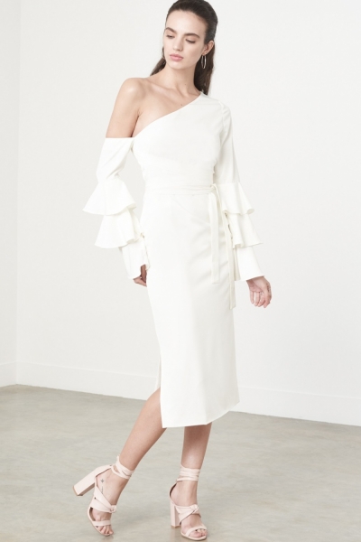 Lavish Alice Ruffle Sleeve Asymmetric Dress In White