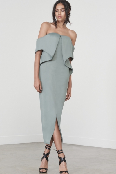 Lavish Alice Sage Green Ribbed Fold Bandeau Midi Dress