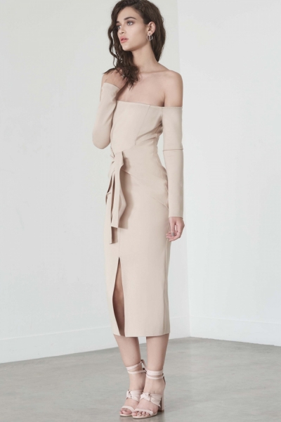 Lavish Alice Sand Bandeau Tie Front Midi Dress