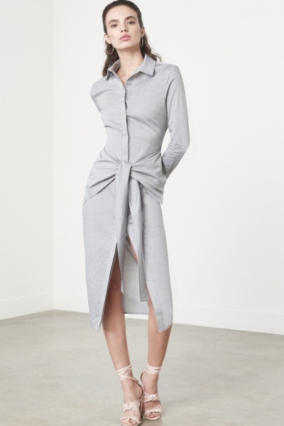 Lavish Alice Tie Front Shirt Dress In Grey Cotton