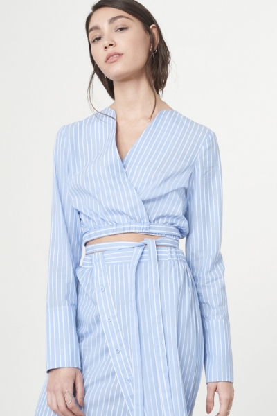 Lavish Alice Wrap Over Artist Shirt In Blue White Pinstripe Cotton