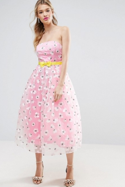 ASOS SALON Embroidered Organza Midi Prom With Bow Waist Detail