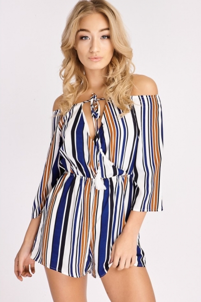 In The Style SLOANE WHITE NAVY STRIPED TIE FRONT BARDOT PLAYSUIT