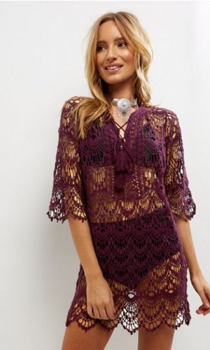 New Look Dark Purple Crochet Lace Beach Dress