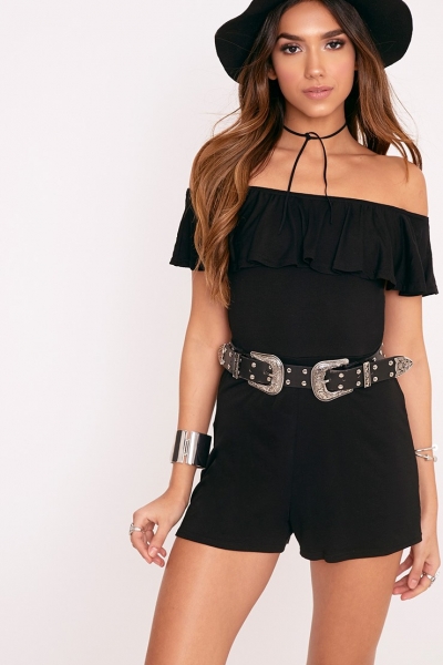 Pretty Little Thing AZARIA BLACK JERSEY FRILL PLAYSUIT