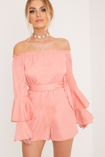 Pretty Little Thing JESS PINK BARDOT BELL SLEEVE BELTED PLAYSUIT