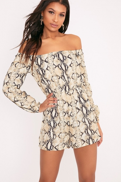 Pretty Little Thing KENNIE TAUPE SNAKE PRINT BARDOT PLAYSUIT