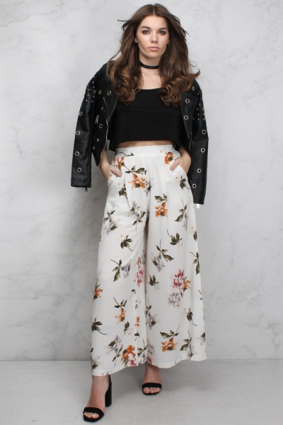 Rare White Floral Printed Wide Leg Trousers
