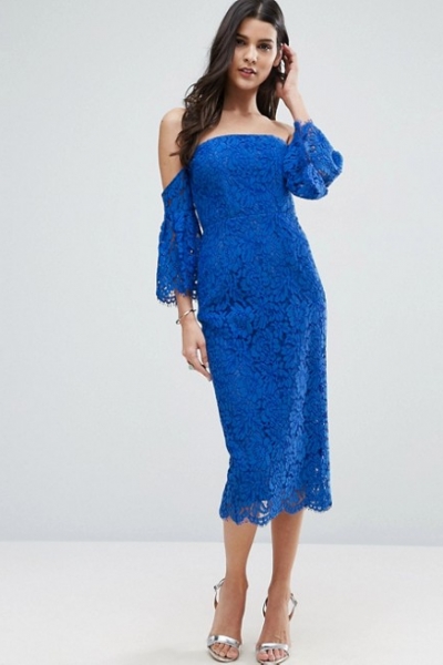 ASOS Lace Bardot Midi Pencil With Fluted Sleeves