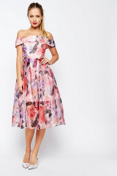 ASOS SALON Floral Organza Off The Shoulder Bardot Midi Prom Dress