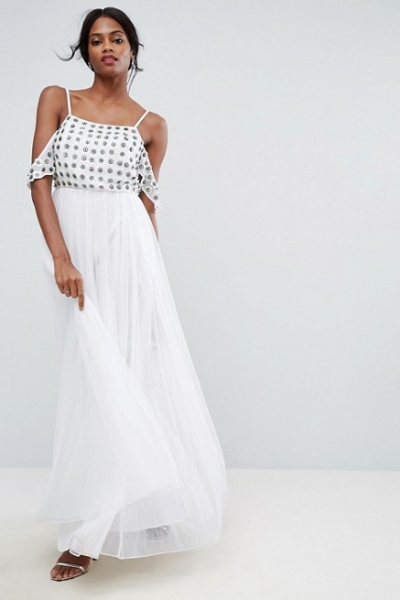 ASOS Cold Shoulder Floral Embellished Tulle Maxi Dress