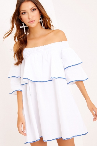 Pretty Little Thing Cecillia Ruffle Blue Embroidered Shift Dress White