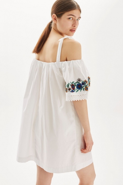 Topshop Embroidered Poplin Bardot Dress