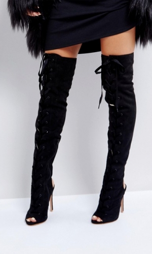 Public Desire Chantae Lace Up Peep Toe Over The Knee Boots