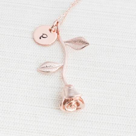 Rose Gold Initial And Rose Charm Necklace