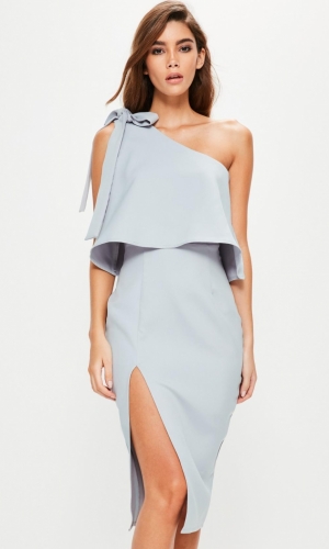 Missguided Grey Crepe One Shoulder Bow Sleeve Midi Dress