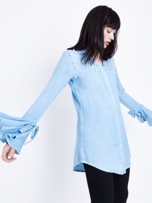 New Look QED Bright Blue Pearl Embellished Shirt