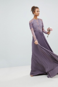 ASOS Bridesmaid Long Sleeve Lace Pleated Maxi Dress