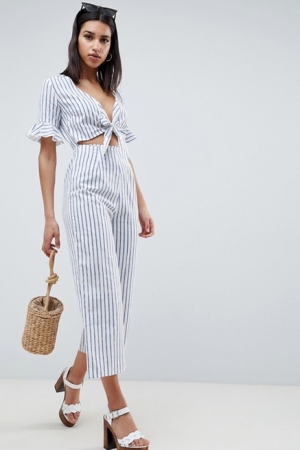 ASOS DESIGN Tea Jumpsuit With Cut Out And Tie Detail In Linen In Stripe