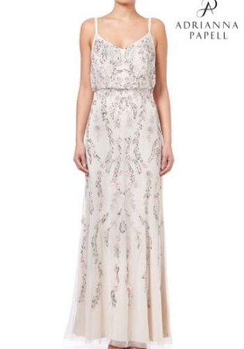 Adrianna Papell White Floral Bead Blouson Gown