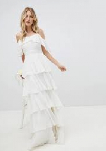 Amelia Rose Pleated Tiered Cold Shoulder Maxi Dress