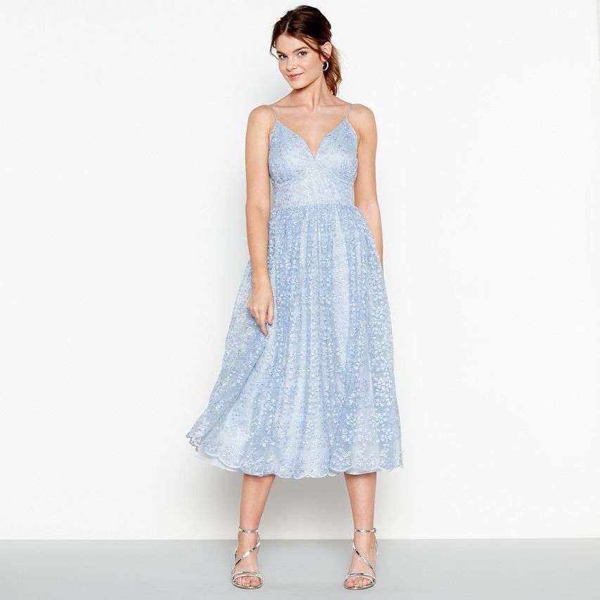 Debut Light Blue 'Madeline' Embroidered V Neck Midi Dress