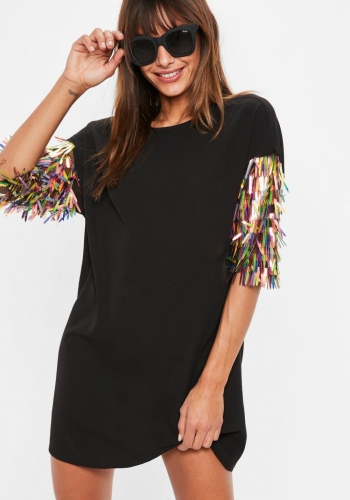Missguided Black Sequin Sleeve Oversized T Shirt Dress