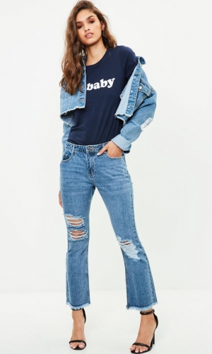 Missguided Blue Cropped Ripped Kick Flare Jeans