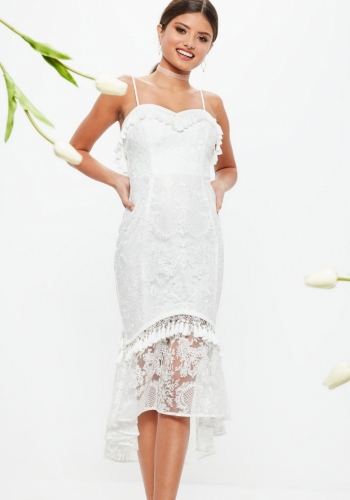 Missguided Bridal White Strappy Lace Tassel Detail Dip Hem Midi Dress