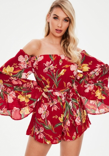 Missguided Red Floral Bardot Tie Detail Playsuit