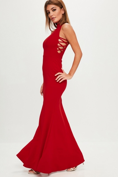 Missguided Red High Neck Criss Cross Side Maxi Dress