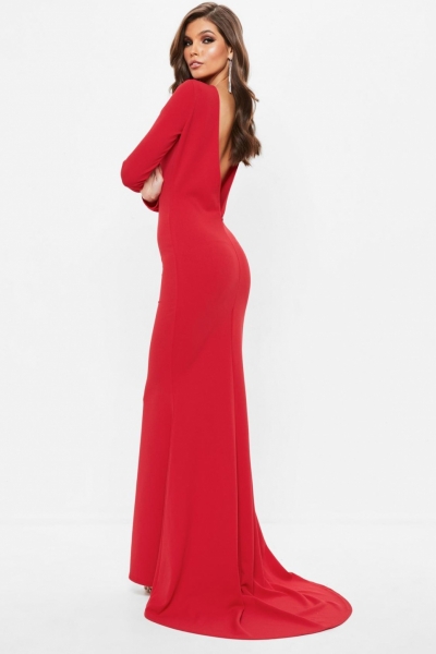 Missguided Red Long Sleeve Open Back Fishtail Maxi Dress