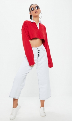 Missguided White Contrast Stitch Cropped Wide Leg Jean