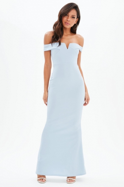 Missguided Blue Bardot Scuba Fishtail Maxi Dress