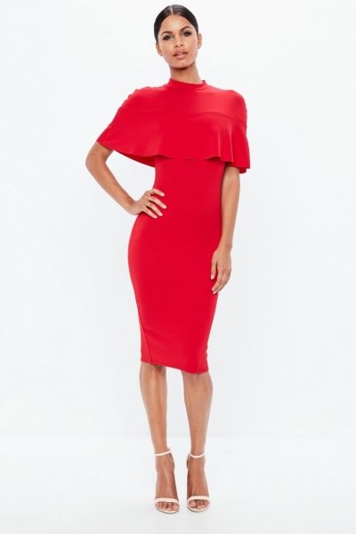 Missguided Red Frill Overlay Shoulder Midi Dress